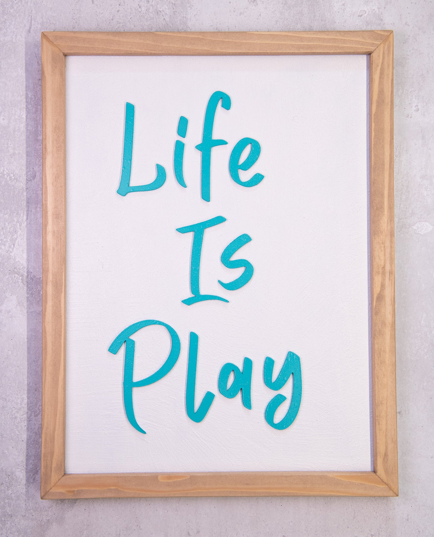 Life Is Play Wooden Sign – Handmade Inspirational Wall Art with Cement Texture