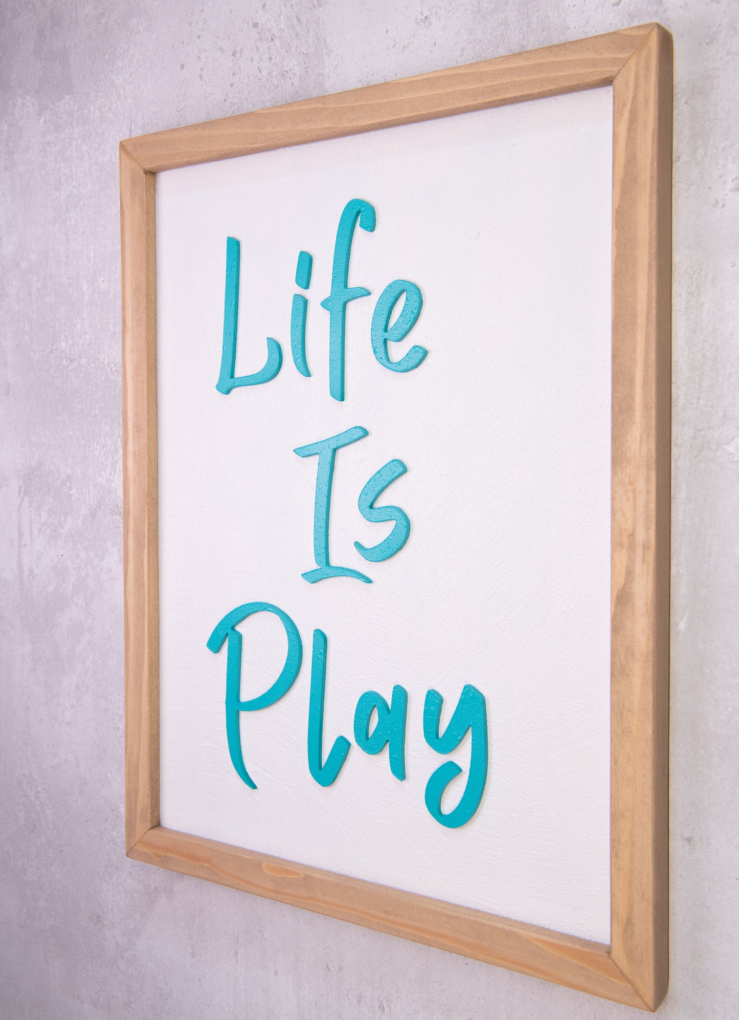 Life Is Play Wooden Sign – Handmade Inspirational Wall Art with Cement Texture