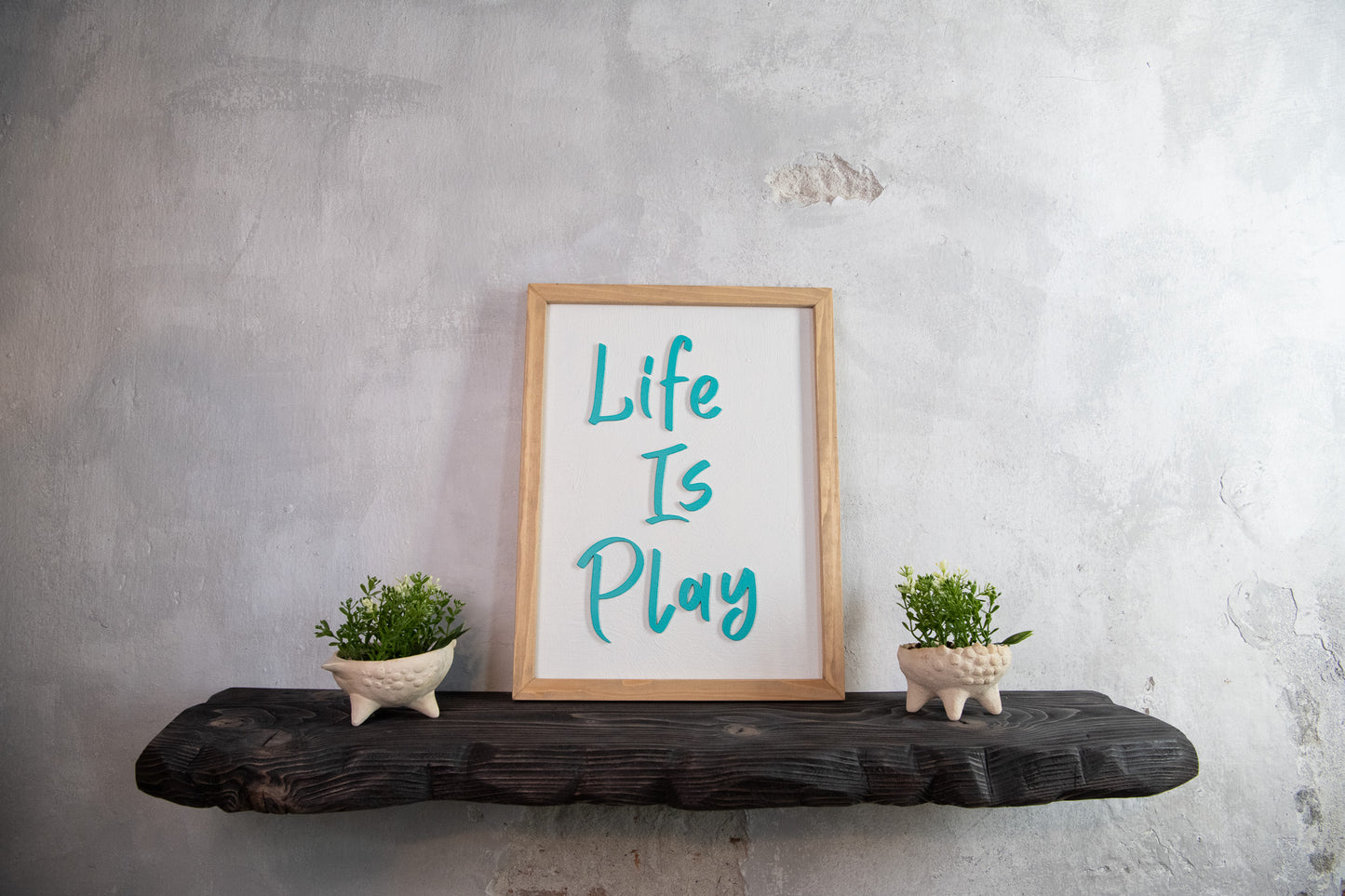 Life Is Play Wooden Sign – Handmade Inspirational Wall Art with Cement Texture