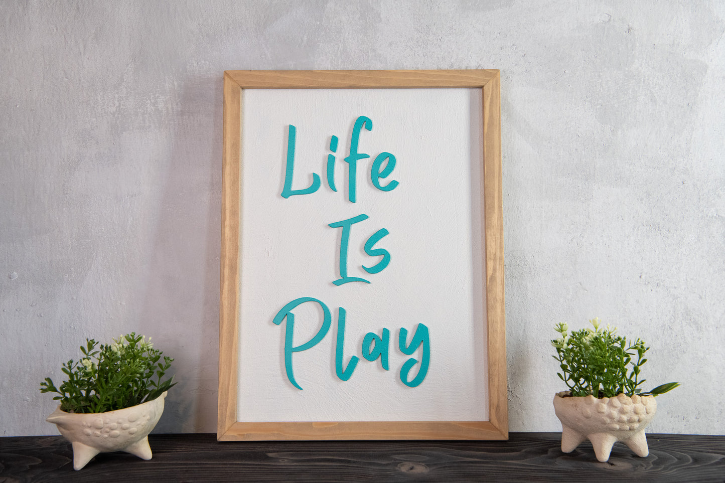 Life Is Play Wooden Sign – Handmade Inspirational Wall Art with Cement Texture