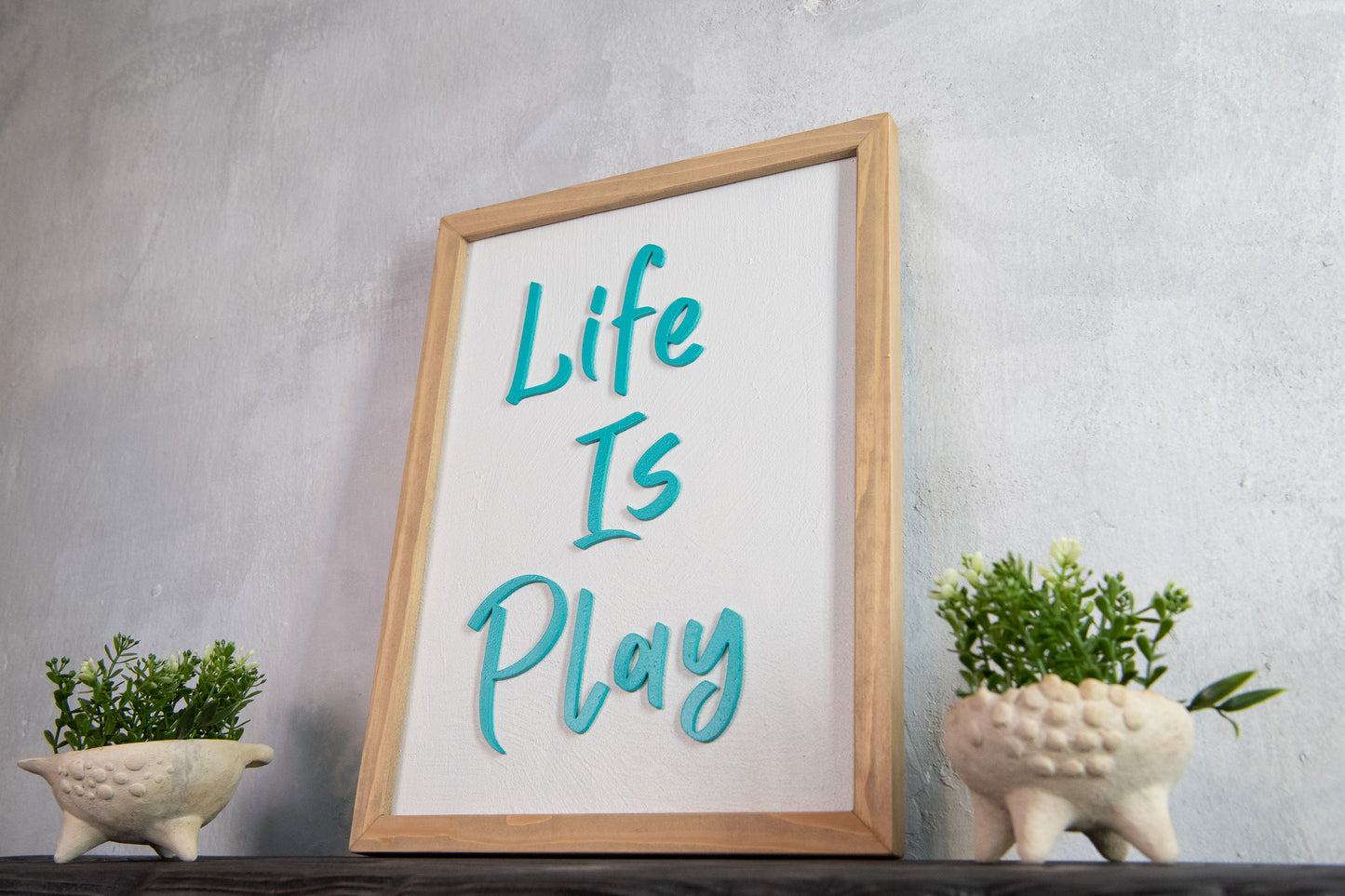 Life Is Play Wooden Sign – Handmade Inspirational Wall Art with Cement Texture