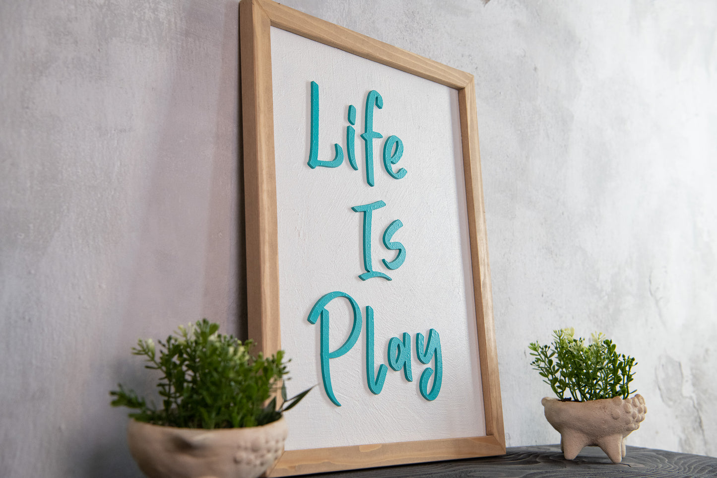 Life Is Play Wooden Sign – Handmade Inspirational Wall Art with Cement Texture