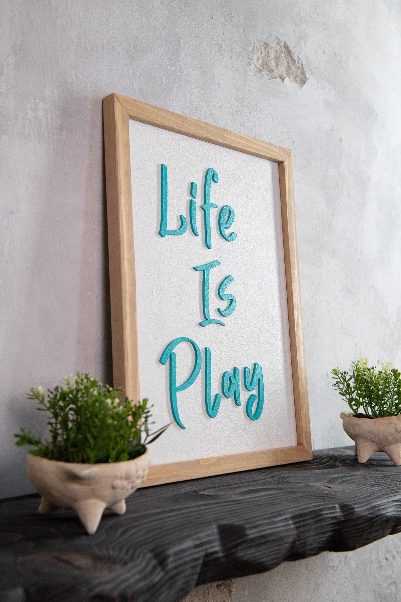Life Is Play Wooden Sign – Handmade Inspirational Wall Art with Cement Texture
