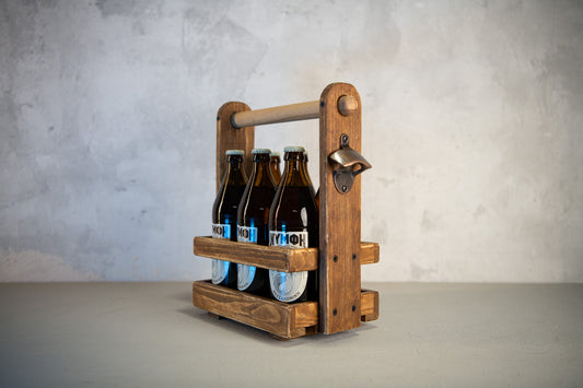 Rustic Wooden Beer Caddy – Handmade Beer Carrier with Opener