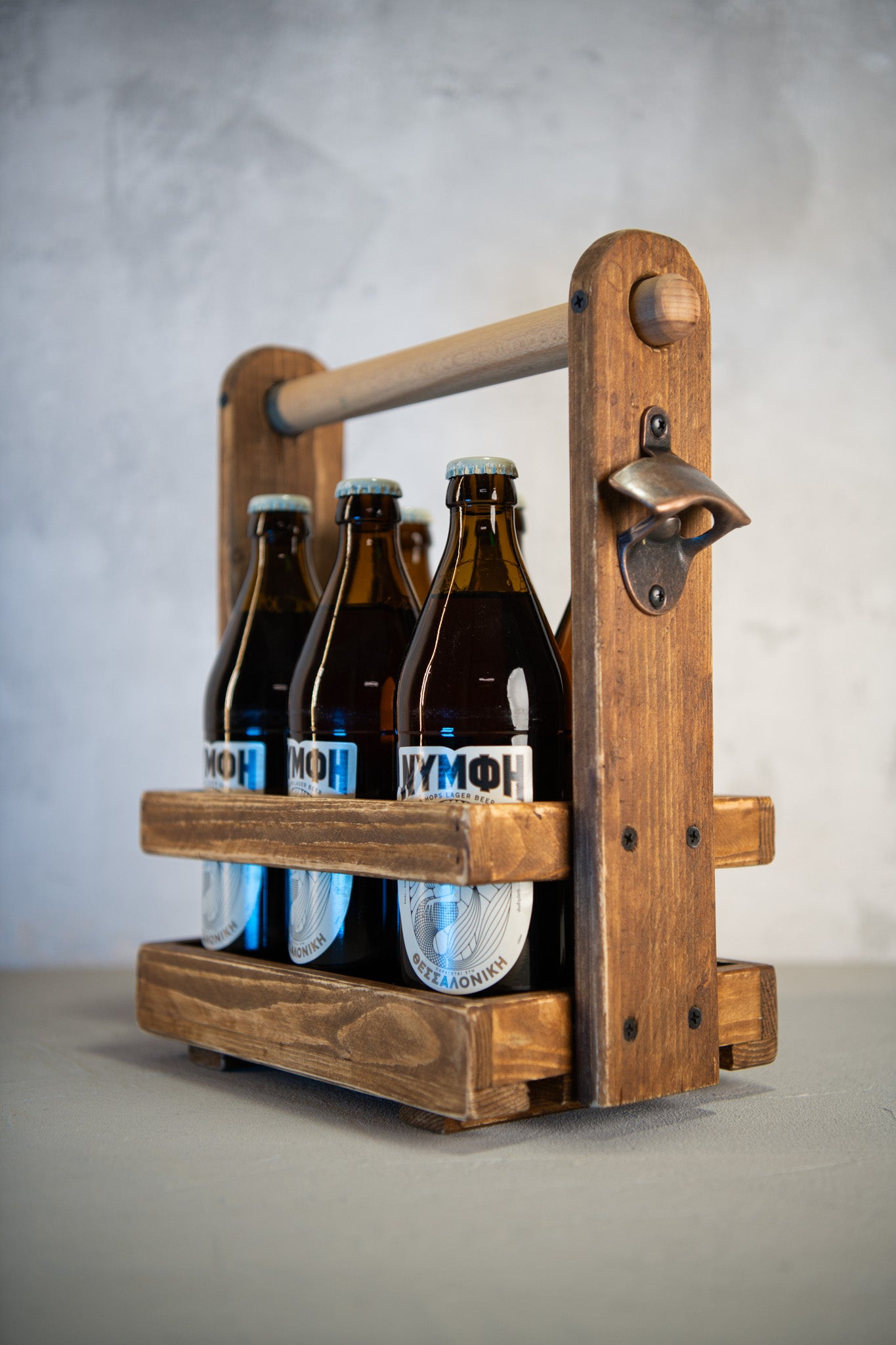 Rustic Wooden Beer Caddy – Handmade Beer Carrier with Opener