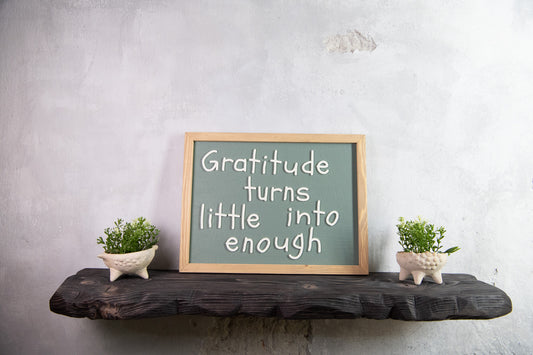 Gratitude Turns Little into Enough Wooden Sign – Handmade Inspirational Wall Art with Cement Texture